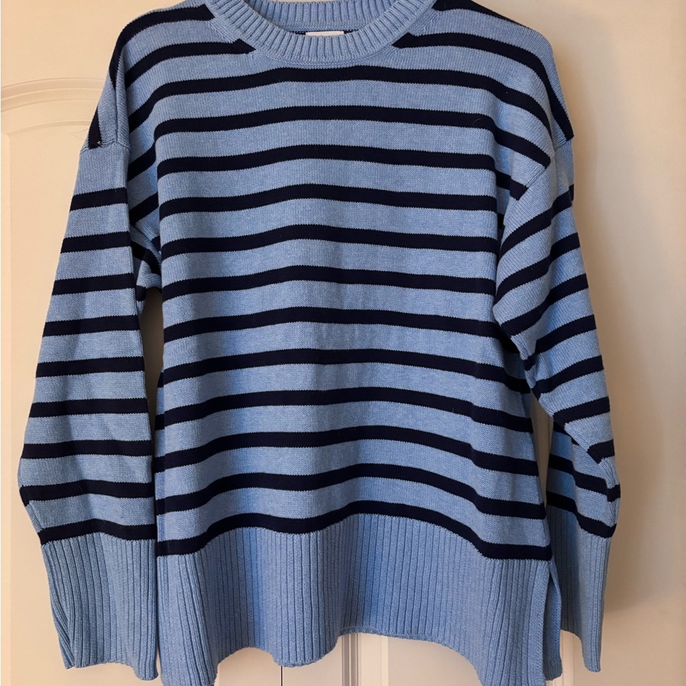 J. Crew Sky Blue and Navy Striped Crewneck Sweater